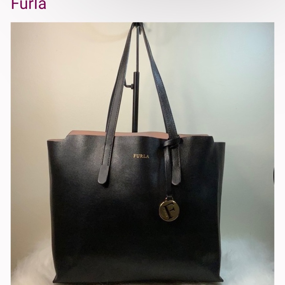 Furla Saffiano leather tote large black with gold toggle authentic 14” Lx10”T